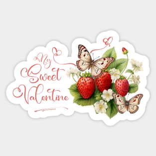 Sweet Valentine with Red Strawberry Fruits, Flowers, and Butterflies, Sticker